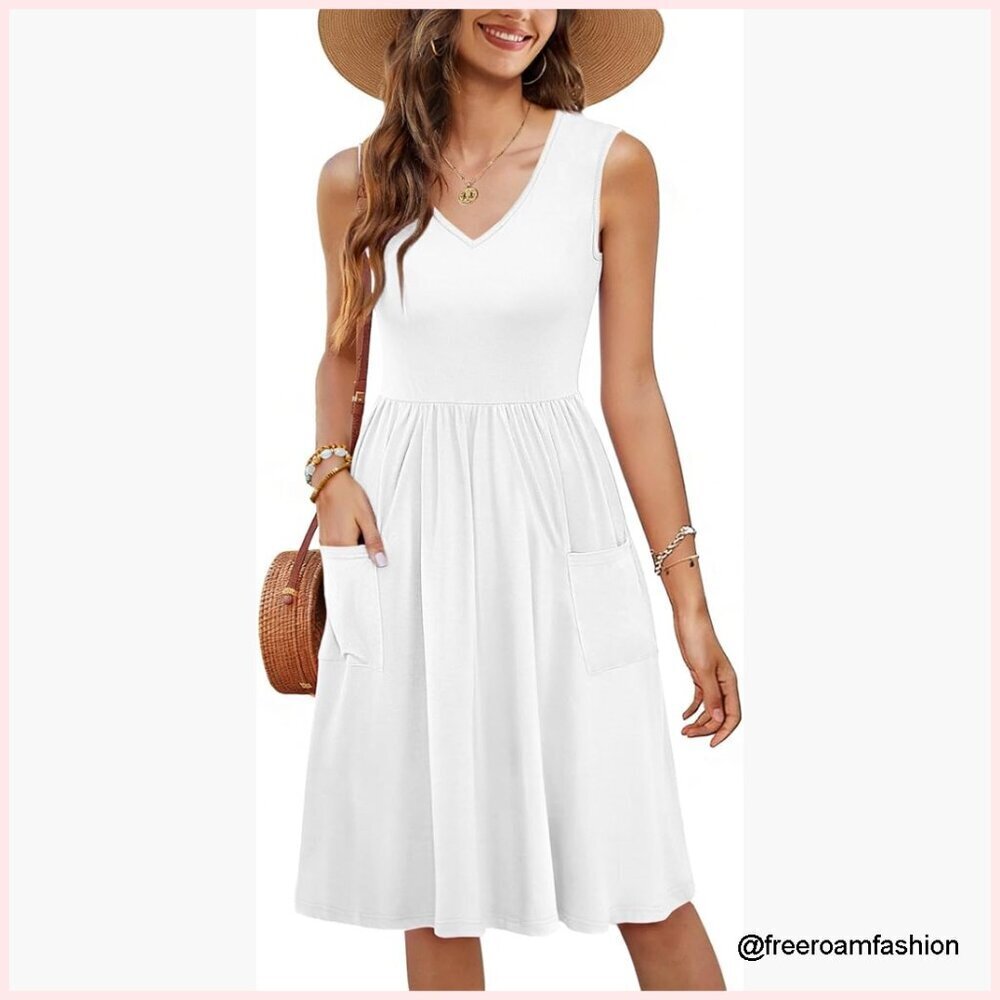 Knee-Length Sleeveless A-Line Dress with Pockets, V-Neck High Waist
